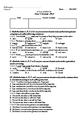 Đề kiểm tra 15 phút số 4 môn Tiếng Anh Lớp 9 - Năm học 2018-2019